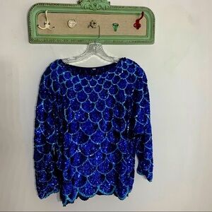 Vintage Sequin Mermaid Scale Blue Scalloped Long sleeve blouse large women’s